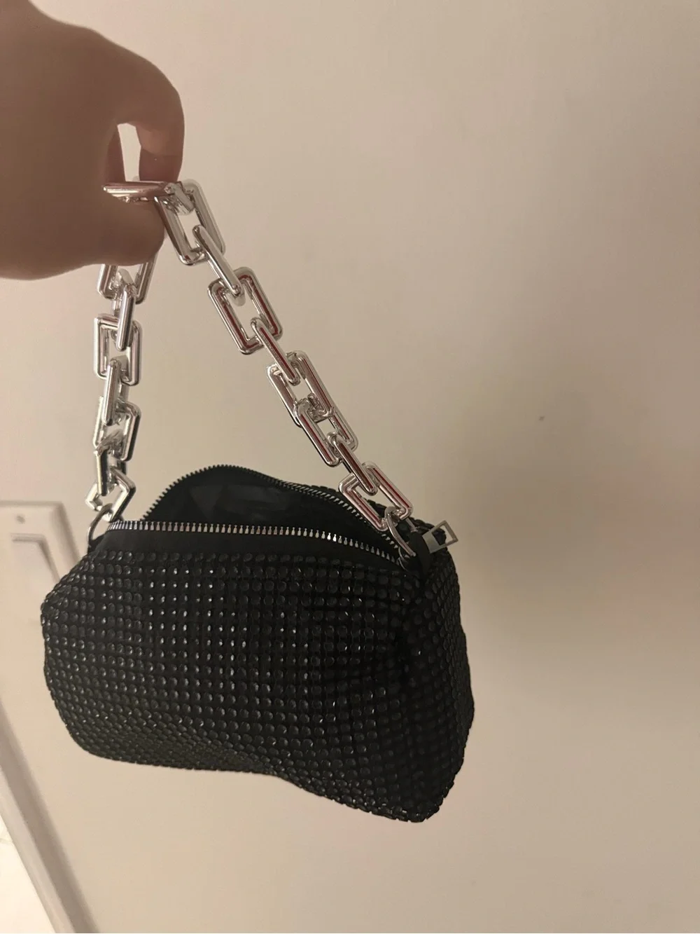 Black Rhinestone Wristlet with Chunky Silver Chain Handle